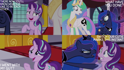 Size: 2000x1125 | Tagged: safe, edit, edited screencap, editor:quoterific, screencap, princess celestia, princess luna, starlight glimmer, alicorn, pony, unicorn, a royal problem, g4, swapped cutie marks