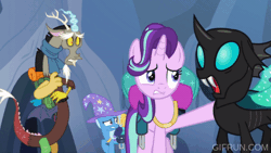 Size: 520x293 | Tagged: safe, screencap, discord, starlight glimmer, thorax, trixie, changeling, draconequus, pony, unicorn, g4, season 6, to where and back again, animated, bag, clothes, comforting, female, frown, gif, gifrun.com, group, hat, hyperventilating, insect wings, male, mare, mismatched wings, open mouth, quartet, raised hoof, reformed four, scared, scarf, spread wings, teeth, trixie's hat, wings, worried