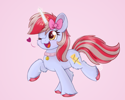 Size: 2522x2020 | Tagged: safe, artist:msaniiart, oc, oc only, oc:cinnamon lightning, pony, unicorn, bell, bell collar, collar, cute, eyelashes, female, glowing, glowing horn, high res, horn, magic, magic aura, mare, ocbetes, open mouth, pink background, simple background, solo, unicorn oc, unshorn fetlocks