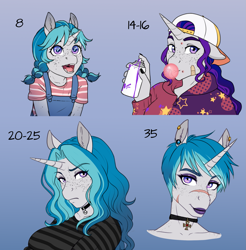 Size: 2007x2040 | Tagged: safe, artist:askbubblelee, oc, oc only, oc:bubble lee, unicorn, anthro, age progression, alternate universe, anthro oc, bubblegum, choker, digital art, female, filly, foal, food, freckles, gradient background, gum, hat, high res, horn, mare, older, open mouth, piercing, short hair, short mane, solo, spray can, teenager, unicorn oc, willowverse