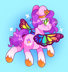Size: 2500x2639 | Tagged: safe, artist:cocopudu, pipp petals, butterfly, butterfly pony, hybrid, pegasus, pony, g5, butt, butterfly wings, butterpipp, female, flying, gradient background, high res, looking at you, looking back, looking back at you, mare, plot, rear view, smiling, solo, spread wings, tail, toy interpretation, underhoof, unshorn fetlocks, wings