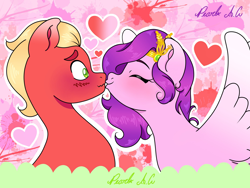 Size: 2048x1536 | Tagged: safe, artist:pearl a.g, pipp petals, sprout cloverleaf, earth pony, pegasus, pony, g5, adorapipp, blushing, cute, duo, duo male and female, eyes closed, female, floating heart, heart, holiday, jewelry, kiss on the lips, kissing, male, mare, ship:cloverpetals, shipping, signature, spread wings, sproutbetes, stallion, straight, tiara, valentine's day, wings