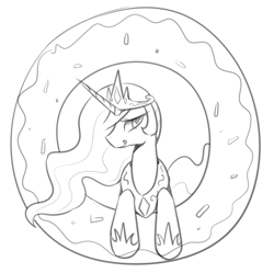 Size: 1318x1312 | Tagged: safe, artist:maren, princess celestia, alicorn, pony, g4, 2013, donut, donutlestia, doodle, female, food, licking, licking lips, mare, monochrome, old art, simple background, solo, tongue out, white background