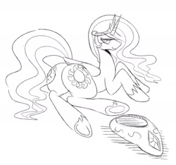 Size: 2048x1920 | Tagged: safe, artist:maren, princess celestia, alicorn, pony, g4, 2013, bedroom eyes, butt, female, looking back, lying down, mare, missing accessory, monochrome, old art, peytral, plot, prone, simple background, sketch, solo, white background