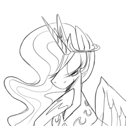 Size: 1200x1200 | Tagged: safe, artist:maren, princess celestia, alicorn, pony, g4, 2013, bust, doodle, female, lidded eyes, looking down, mare, monochrome, old art, pointing at self, simple background, smiling, solo, white background