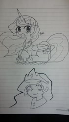 Size: 585x1040 | Tagged: safe, artist:gyaheung, princess celestia, alicorn, human, pony, equestria girls, g4, blushing, doodle, female, jewelry, lined paper, lying down, mare, open mouth, open smile, prone, regalia, self paradox, self ponidox, smiling, solo, traditional art