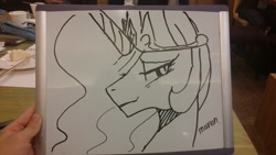 Size: 2080x1170 | Tagged: safe, artist:maren, princess celestia, alicorn, pony, g4, 2017, bedroom eyes, bust, female, lip bite, looking sideways, mare, marker drawing, old art, portrait, solo, traditional art