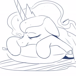 Size: 2600x2600 | Tagged: safe, artist:maren, princess luna, alicorn, pony, g4, 2020, bust, doodle, female, floppy ears, high res, lying down, mare, old art, pillow, prone, simple background, sleeping, solo, white background