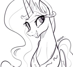 Size: 1024x934 | Tagged: safe, artist:maren, princess celestia, alicorn, pony, g4, 2021, bust, cute, cutelestia, doodle, female, grin, looking away, mare, monochrome, old art, simple background, smiling, smirk, solo, white background