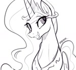 Size: 1024x934 | Tagged: safe, artist:maren, princess celestia, alicorn, pony, 2021, bust, cute, cutelestia, doodle, female, grin, looking away, mare, monochrome, old art, simple background, smiling, smirk, solo, white background
