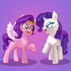 Size: 2500x2500 | Tagged: safe, artist:hexecat, pipp petals, rarity, pegasus, pony, unicorn, g4, g5, adorapipp, colored wings, crown, cute, duo, duo female, eye contact, eyeshadow, female, generational ponidox, gradient background, high res, jewelry, lidded eyes, looking at each other, looking at someone, makeup, mare, open mouth, open smile, pipp and her heroine, raised hoof, regalia, shadow, skinny pipp, smiling, smiling at each other, spread wings, tail, wings