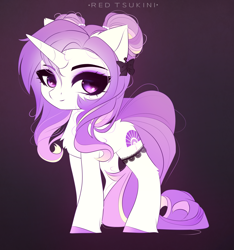 Size: 2401x2569 | Tagged: safe, artist:red_tsukini, oc, oc only, oc:dainty dove, pony, unicorn, commission, ear piercing, earring, eyeshadow, female, garter, gradient background, high res, horn, jewelry, magical lesbian spawn, makeup, mare, offspring, parent:princess cadance, parent:rarity, parents:raridance, piercing, signature, solo, unicorn oc, unshorn fetlocks