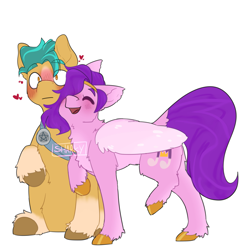 Size: 3257x3364 | Tagged: safe, artist:sharkythecrow, hitch trailblazer, pipp petals, earth pony, pegasus, pony, g5, adorapipp, badge, blushing, cute, duo, duo male and female, eyes closed, female, floating heart, fluffy, folded wings, happy, heart, high res, hitchbetes, male, mare, nuzzling, open mouth, open smile, raised hoof, raised leg, sash, sheriff's badge, ship:pitch, shipping, simple background, sitting, smiling, stallion, straight, tail, unshorn fetlocks, white background, wings