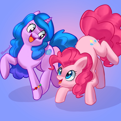 Size: 2500x2500 | Tagged: safe, artist:hexecat, izzy moonbow, pinkie pie, earth pony, pony, unicorn, g4, g5, ass up, bracelet, duo, duo female, female, friendship bracelet, generational ponidox, high res, izzy and her heroine, jewelry, looking at each other, looking at someone, mare, open mouth, open smile, raised hoof, smiling