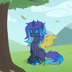 Size: 3000x3000 | Tagged: safe, artist:nika-rain, oc, oc only, changeling, pony, changeling oc, commission, high res, leaves, mountain, show accurate, solo, tree