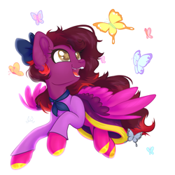Size: 2003x2003 | Tagged: safe, artist:persikulka, oc, oc only, oc:cassandra carat, butterfly, pegasus, pony, bow, clothes, dress, female, flying, hair bow, happy, high res, mare, pegasus oc, scarf, simple background, solo, white background, wingding eyes