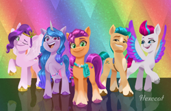 Size: 4054x2622 | Tagged: safe, artist:hexecat, hitch trailblazer, izzy moonbow, pipp petals, sunny starscout, zipp storm, earth pony, pegasus, pony, unicorn, g5, my little pony: a new generation, adorapipp, adorazipp, bracelet, colored wings, cute, eyebrows, female, friendship bracelet, grin, group, high res, jewelry, looking at you, male, mane five, mare, multicolored wings, one eye closed, open mouth, open smile, quintet, raised hoof, royal sisters (g5), sash, sheriff's badge, siblings, signature, sisters, smiling, smiling at you, spread wings, stallion, unshorn fetlocks, wings, wink, winking at you