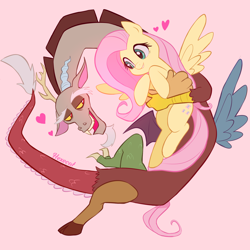 Size: 2000x2000 | Tagged: safe, artist:hexecat, discord, fluttershy, draconequus, pegasus, pony, g4, duo, duo male and female, eyebrows, female, floating heart, grin, heart, high res, holding a pony, hug, lidded eyes, looking at each other, looking at someone, male, mare, mismatched wings, open mouth, open smile, pink background, ship:discoshy, shipping, signature, simple background, smiling, smiling at each other, spread wings, straight, wings