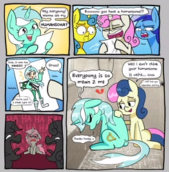 Size: 2231x2278 | Tagged: safe, artist:another_pony, bon bon, lemon hearts, lyra heartstrings, minuette, sweetie drops, twinkleshine, oc, oc:anon, earth pony, human, pony, unicorn, g4, abuse, bathroom, body pillow, boots, bully, bullying, butt, clothes, comic, cringing, crying, eyes closed, female, heart, heartbreak, high res, hoodie, humanized, humansona, humie, laughing, lesbian, mare, meme, open mouth, pants, paper, plot, sad, ship:lyrabon, shipping, shoes, shower, showering, spongebob squarepants, water, wet, you're cringe
