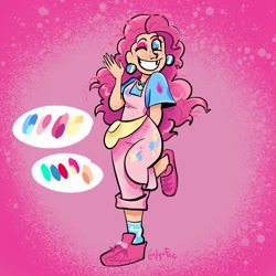 Size: 2000x2000 | Tagged: safe, artist:carconutty, pinkie pie, human, g4, apron, boots, clothes, ear piercing, earring, eyeshadow, female, grin, high res, humanized, jewelry, makeup, one eye closed, pants, piercing, reference sheet, shirt, shoes, smiling, socks, solo, t-shirt, wink