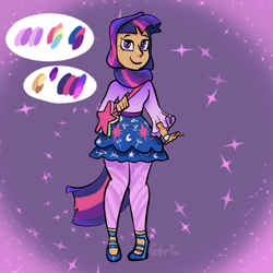 Size: 2000x2000 | Tagged: safe, artist:carconutty, twilight sparkle, human, g4, alternate hairstyle, bag, clothes, cute, female, high heels, high res, hijab, humanized, islam, leggings, reference sheet, shirt, shoes, skirt, solo, tan skin, twiabetes