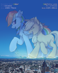Size: 1556x1947 | Tagged: safe, artist:ravistdash, applejack, rainbow dash, earth pony, pegasus, pony, g4, chest fluff, city, cowboy hat, destruction, ear fluff, female, giant applejack, giant pony, giant rainbow dash, giantess, giantess size difference, growth drive, hat, macro, mare, size difference, stetson, text, underhoof