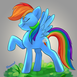 Size: 2500x2500 | Tagged: safe, artist:hexecat, rainbow dash, pegasus, pony, g4, eyebrows, eyes closed, female, high res, mare, rainbow dash day, raised hoof, signature, smiling, smirk, solo, spread wings, wings