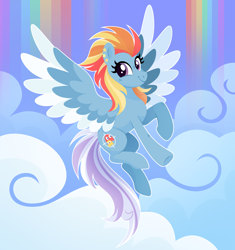 Size: 3288x3500 | Tagged: safe, artist:kabuvee, oc, oc only, oc:twister shot, pegasus, pony, colored wings, female, flying, high res, mare, multicolored wings, rainbow waterfall, solo, wings