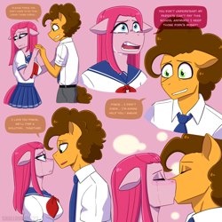 Size: 2048x2048 | Tagged: safe, artist:shallowwin, cheese sandwich, pinkie pie, earth pony, anthro, g4, blushing, canon ship, clothes, crying, dialogue, female, high res, kissing, love, male, pinkamena diane pie, sad, sailor uniform, school uniform, ship:cheesepie, shipping, skirt, straight, uniform