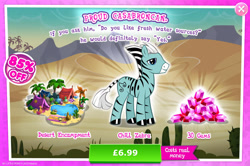 Size: 1962x1301 | Tagged: safe, gameloft, maji, zebra, g4, my little pony: magic princess, advertisement, cactus, cloven hooves, coconut, costs real money, english, food, gem, introduction card, male, mobile game, numbers, palm tree, pillow, sale, solo, stallion, tent, text, tree, water