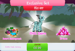 Size: 1264x858 | Tagged: safe, gameloft, maji, zebra, g4, my little pony: magic princess, bundle, cactus, cloven hooves, coconut, costs real money, english, food, gem, male, mobile game, numbers, palm tree, pillow, sale, solo, stallion, tent, text, tree, water
