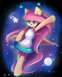 Size: 1850x2300 | Tagged: safe, artist:miryelis, fluttershy, alien, pegasus, pony, g4, clothes, costume, cute, full body, long hair, looking at you, planet, raised hoof, smiling, smiling at you, solo, space, stars, wings