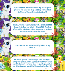 Size: 2048x2257 | Tagged: safe, gameloft, carrot cake, rarity, earth pony, pony, unicorn, g4, my little pony: magic princess, apron, bowtie, clothes, dialogue, dialogue box, english, event, female, hat, high res, horn, implied apple crisp, implied applejack, implied ginger gold, implied touring wind, male, mare, speech bubble, stallion, text