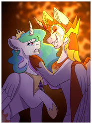 Size: 1280x1734 | Tagged: safe, artist:zarinaroseyt, daybreaker, princess celestia, alicorn, pony, g4, black background, crown, crying, curved horn, digital art, ethereal mane, evil grin, eyeshadow, feather, female, fire, flowing mane, folded wings, gem, grin, helmet, hoof shoes, horn, jewelry, looking at each other, looking at someone, makeup, mane of fire, mare, peytral, raised hoof, redraw, regalia, sad, simple background, smiling, solo, teeth, wings