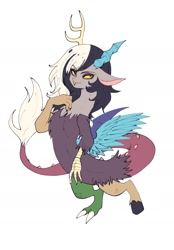 Size: 1151x1654 | Tagged: safe, artist:plusplus_pony, discord, draconequus, g4, antlers, black hair, eris, hand on chest, horn, rule 63, simple background, snaggletooth, solo, translation request, white background, white hair