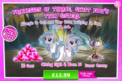 Size: 1964x1301 | Tagged: safe, gameloft, blonn di, shining light (g4), earth pony, pony, thracian, g4, my little pony: magic princess, advertisement, clothes, costs real money, english, female, gem, introduction card, mare, numbers, sale, siblings, text, twins