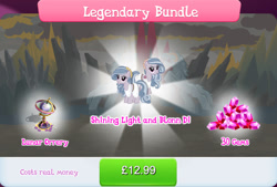 Size: 1267x858 | Tagged: safe, gameloft, blonn di, shining light (g4), earth pony, pony, thracian, g4, my little pony: magic princess, bundle, clothes, costs real money, english, female, gem, mare, numbers, sale, siblings, text, twins