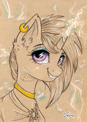 Size: 1024x1444 | Tagged: safe, artist:lailyren, oc, oc only, oc:ion trail, pony, unicorn, cheeky, clothes, ear fluff, ear piercing, earring, electricity, eyebrows, eyeshadow, freckles, horn, jewelry, makeup, piercing, robe, smiling, smirk, solo, unicorn oc, wingding eyes