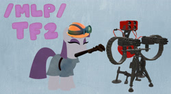 Size: 4000x2200 | Tagged: safe, maud pie, earth pony, pony, g4, /mlp/ tf2 general, engineer, engineer (tf2), female, hat, mare, minimalist, mouth hold, no eyes, sentry gun, solo, team fortress 2, text, wrench