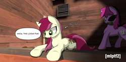 Size: 1684x828 | Tagged: safe, artist:ricy, berry punch, berryshine, roseluck, earth pony, pony, g4, /mlp/ tf2 general, 2fort, behind you, demoman, demoman (tf2), dialogue, dialogue box, duo, eyepatch, female, grenade, mare, mouth hold, oblivious, smiley face, team fortress 2, text, ullapool caber