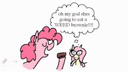 Size: 846x480 | Tagged: safe, artist:punkittdev, fluttershy, pinkie pie, earth pony, pegasus, pony, g4, animated, brownie, chomp, comic, comic dub, dialogue, drug use, drugs, dudeweed, duo, female, flutterhigh, food, forever weed brownie, high, mare, marijuana, mistakes were made, speech bubble, this will end in tears, thought bubble, tiktok, toy, voice acting, wat, webm