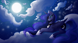 Size: 2000x1100 | Tagged: safe, artist:pudingfox, princess luna, alicorn, pony, g4, blue eyes, blue mane, blue tail, cloud, crepuscular rays, crown, digital art, ethereal mane, ethereal tail, eyelashes, eyeshadow, feather, female, flowing mane, flowing tail, folded wings, hoof shoes, horn, jewelry, lidded eyes, lying down, makeup, mare, moonlight, night, regalia, sky, smiling, solo, sparkles, starry mane, starry tail, stars, tail, wings