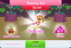 Size: 1265x860 | Tagged: safe, gameloft, ginger gold (idw), earth pony, pony, g4, my little pony: magic princess, apple, bundle, cake, clothes, costs real money, dress, ear piercing, earring, english, female, flower, food, gem, jewelry, mare, mobile game, numbers, pear, piercing, sale, solo, text, wedding dress