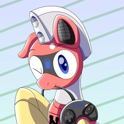 Size: 4096x4096 | Tagged: safe, artist:trackheadtherobopony, oc, oc:trackhead, pony, robot, robot pony, controller, floppy ears, looking at you, one eye closed, sega genesis, solo, wink