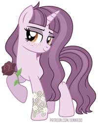 Size: 721x900 | Tagged: safe, artist:jennieoo, oc, oc only, pony, unicorn, bedroom eyes, cute, eyeshadow, flower, freckles, gift art, looking at you, makeup, patreon, patreon reward, rose, simple background, smiling, smiling at you, solo, transparent background, vector
