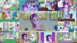 Size: 1978x1113 | Tagged: safe, edit, edited screencap, editor:quoterific, screencap, auburn vision, berry blend, berry bliss, cozy glow, gallus, gooseberry, huckleberry, hyper sonic, lemon crumble, november rain, ocellus, peppermint goldylinks, phyllis, rainbow dash, rarity, smolder, starlight glimmer, trixie, twilight sparkle, water spout, alicorn, bugbear, pony, a horse shoe-in, a matter of principals, fake it 'til you make it, g4, interseason shorts, marks for effort, road to friendship, school daze, sparkle's seven, starlight the hypnotist, student counsel, the end in friend, the ending of the end, chocolate, couch, drink, empathy cocoa, floppy ears, food, friendship student, hot chocolate, inkwell, quill, school of friendship, starlight's office, twilight sparkle (alicorn)