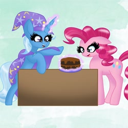 Size: 4096x4096 | Tagged: safe, artist:shadowiesart, pinkie pie, trixie, earth pony, pony, unicorn, g4, cake, duo, female, food, glowing, glowing horn, horn