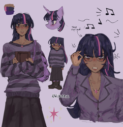 Size: 1933x2000 | Tagged: safe, artist:karokuface, artist:sataxh, twilight sparkle, human, pony, unicorn, g4, alternate hairstyle, annoyed, blushing, book, boots, clothes, dark skin, female, glasses, humanized, jewelry, mare, moderate dark skin, music notes, necklace, purple background, reference sheet, shirt, shoes, simple background, skirt, socks, solo, striped sweater, sweat, sweatdrop, sweater, unicorn twilight