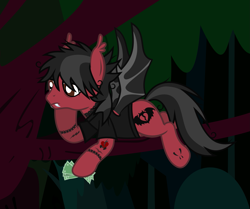 Size: 1935x1618 | Tagged: safe, artist:lightningbolt, derpibooru exclusive, bat pony, pony, g4, the mean 6, .svg available, annoyed, bags under eyes, bat wings, clone, clothes, ear fluff, evil clone, eyeliner, fall out boy, fangs, lidded eyes, lying down, makeup, male, messy mane, messy tail, money, outdoors, pete wentz, ponified, prone, shirt, show accurate, solo, spread wings, stallion, svg, t-shirt, tail, tattoo, tree, tree branch, vector, wings