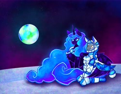 Size: 9987x7807 | Tagged: safe, artist:facadeart, nightmare moon, oc, oc:orion zephyr, alicorn, pegasus, pony, fanfic:somnambulance, g4, blue eyes, colored, duo, earth, fanfic art, glowing, glowing mane, glowing tail, hug, moon, orange eyes, pegasus oc, peytral, space, spacesuit, tail, winghug, wings